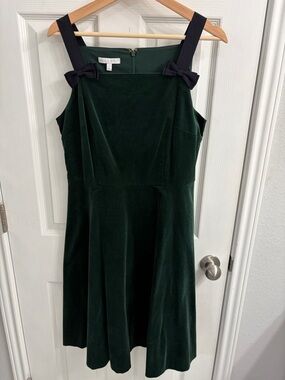 Talbots Forest Green Velvet Midi Dress with Black Bow Straps